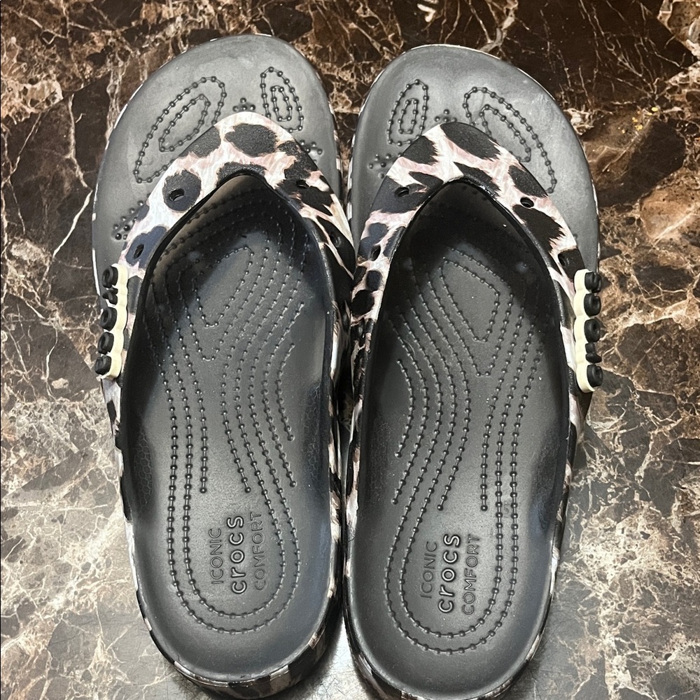 CROCS Black and Gray Leopard Flip Flops